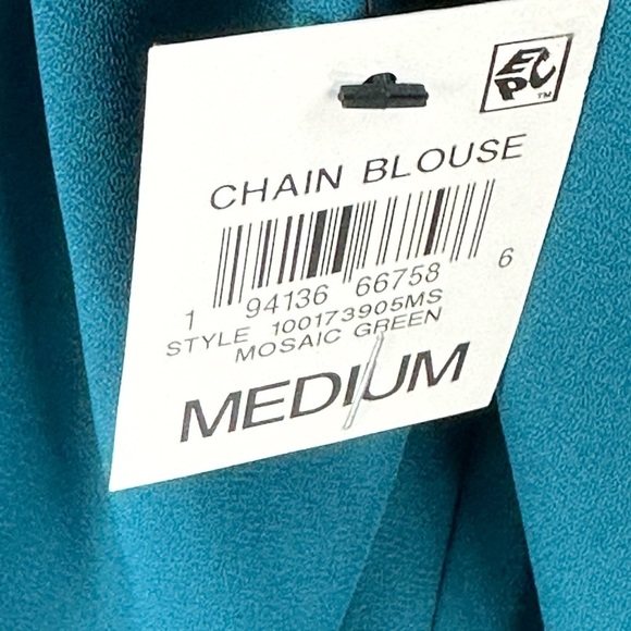 INC Long Sleeve Collared Tie Neck Chain Detail Blouse - Blue Green - size Medium - Picture 9 of 9